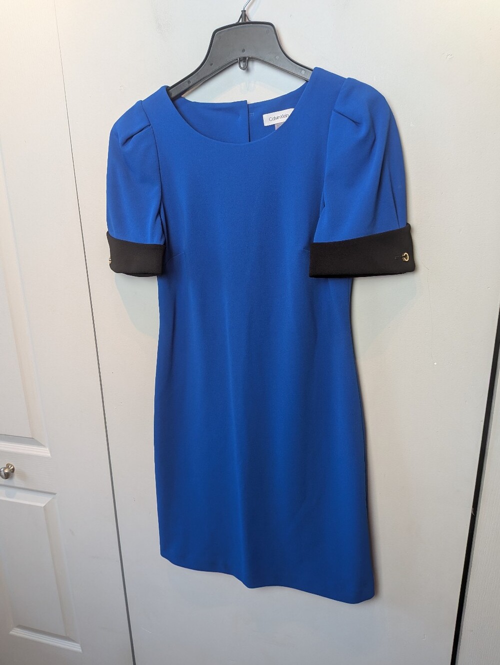 CALVIN KLEIN Mini Dress Blue And Black Puffy Short Sleeve Size 4 Office Coquette